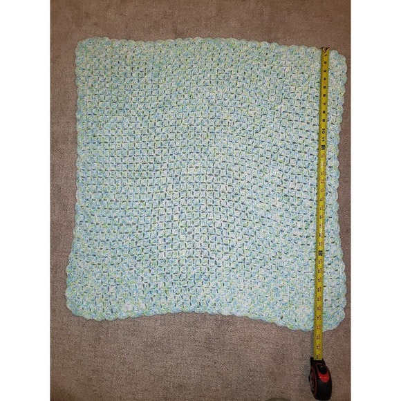 Beautiful Hand Crocheted Blue/Green/White Baby Blanket- 31" x 32" - Picture 3 of 8
